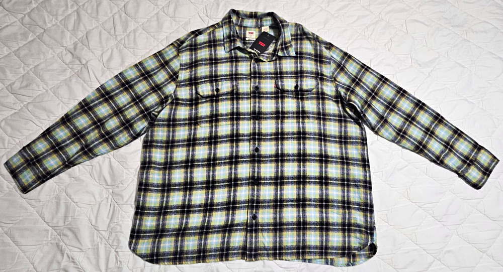 NWT Levi's Men's XXL The Worker Relaxed Fit Plaid Flannel Shirt GreenYellowBlack